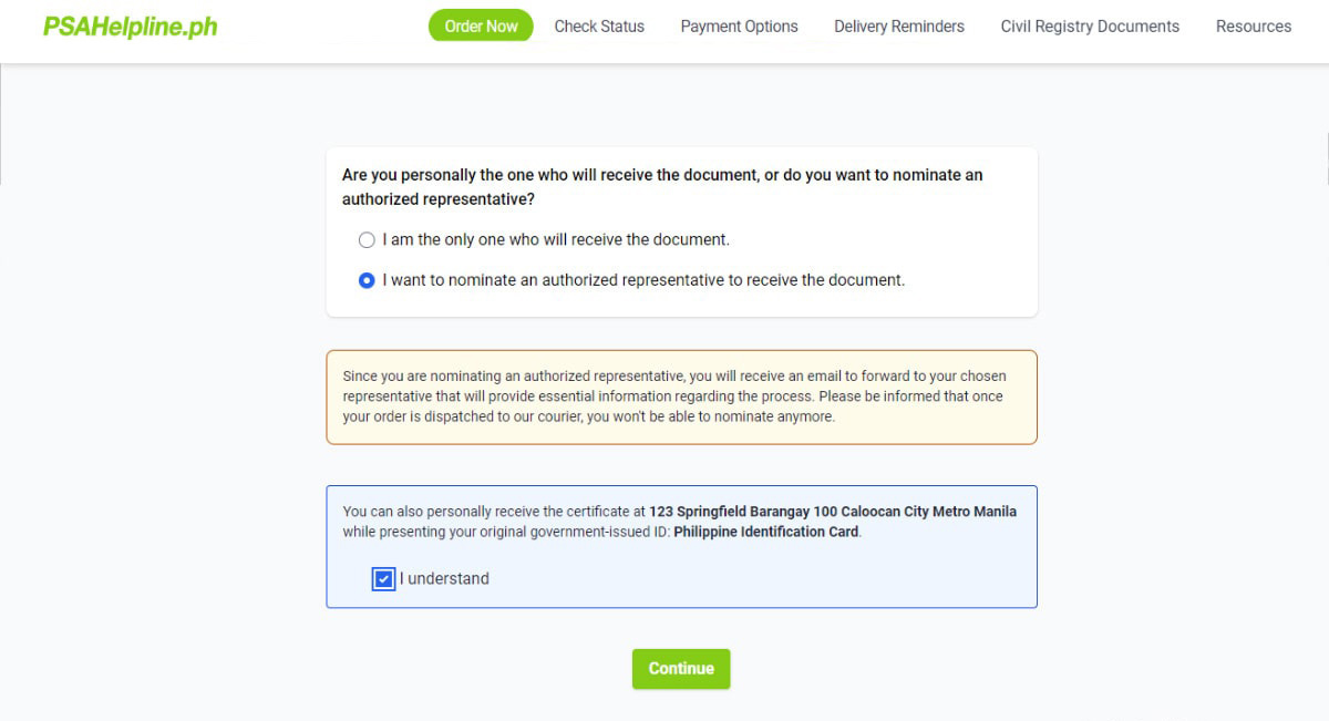How to nominate person to receive your PSA birth certificate